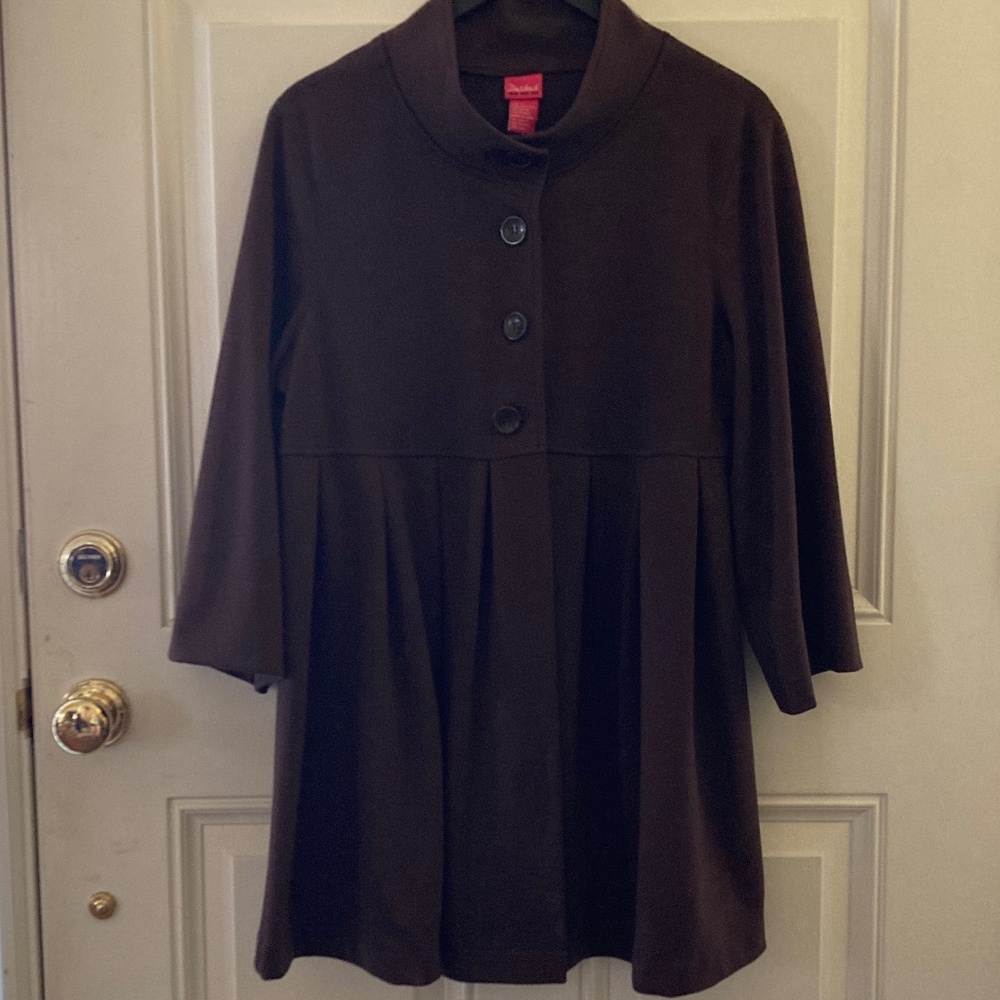 Du Jour 3/4 Sleeve Mock Neck Long Pleated Knit Jacket/Chocolate/L/EUC/WORN ONCE!
